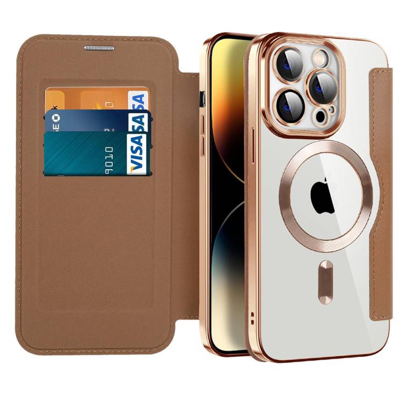 Echtes Leder Flip Wallet Cases für Magsafe Magnethülle für iPhone 14 11 12 13 Pro Max Plus Kabelloses Laden Überzug Klare Abdeckung For iPhone 11 braun von Joom DACH