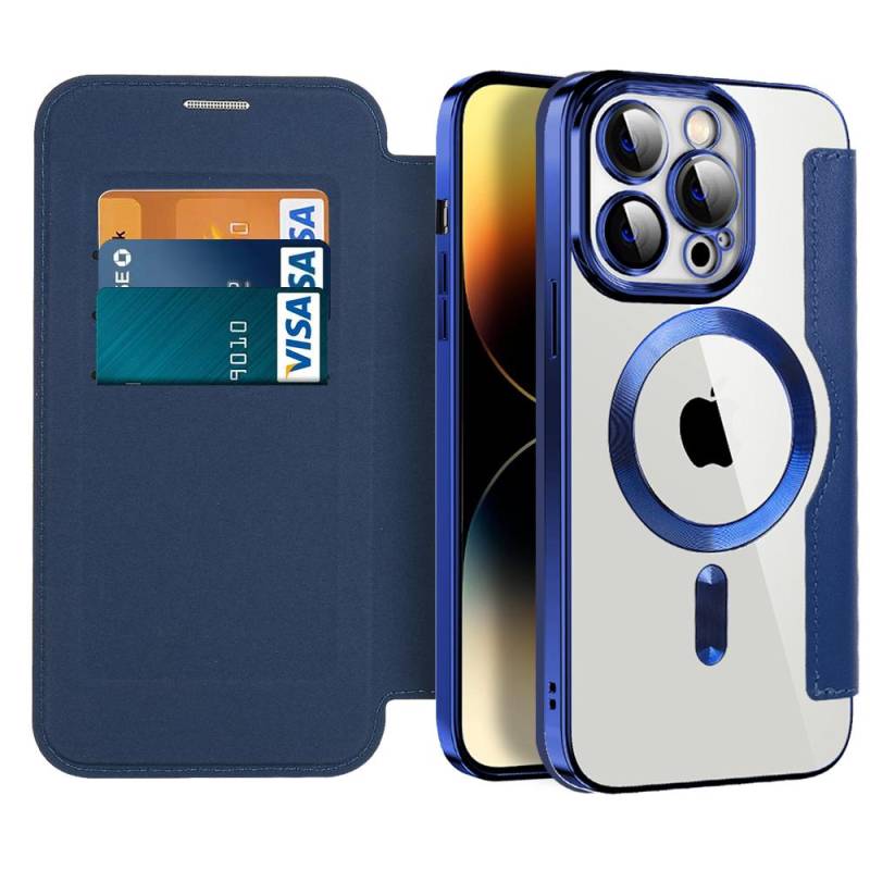 Echtes Leder Flip Wallet Cases für Magsafe Magnethülle für iPhone 14 11 12 13 Pro Max Plus Kabelloses Laden Überzug Klare Abdeckung For iPhone 12 Pro dunkelblau von Joom DACH