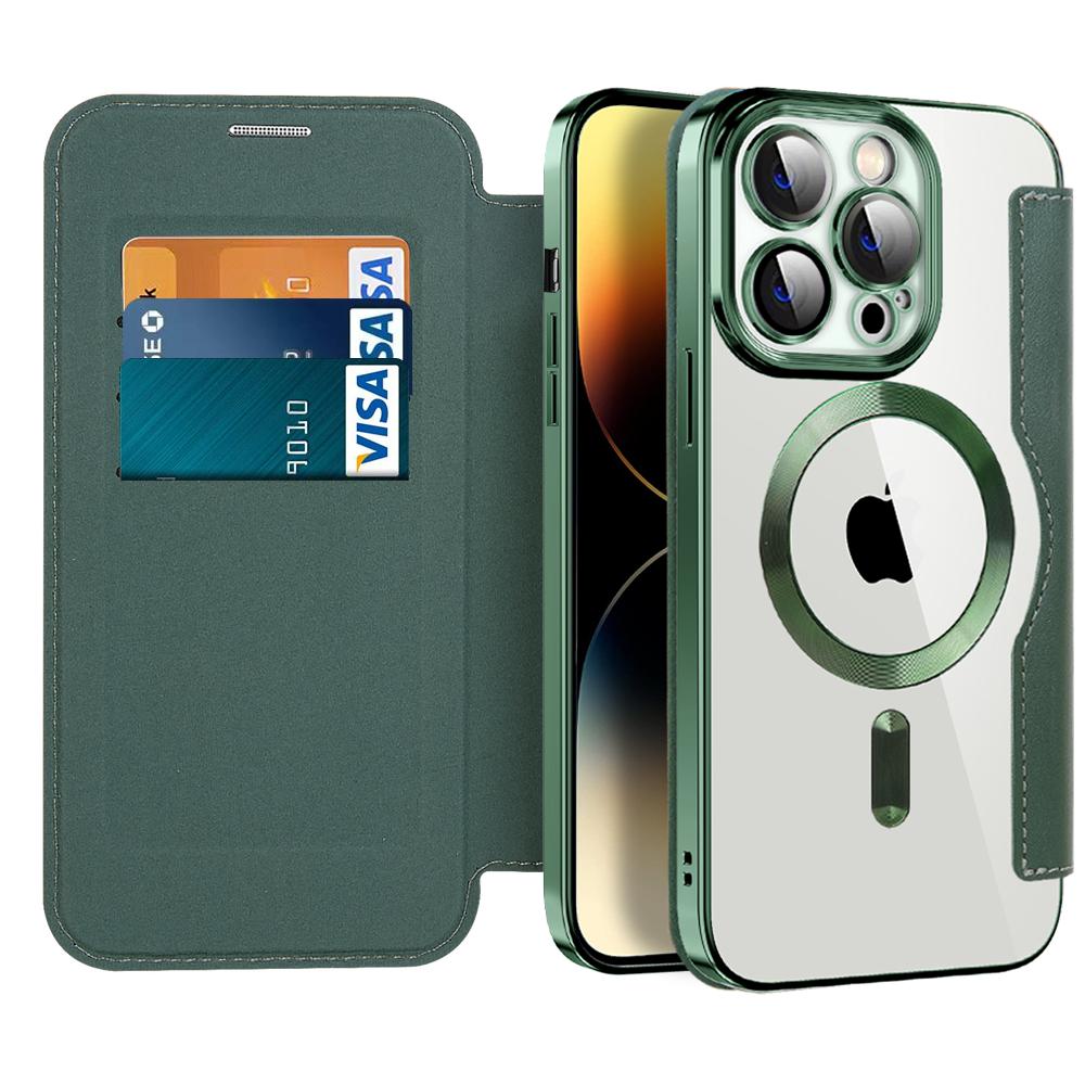 Echtes Leder Flip Wallet Cases für Magsafe Magnethülle für iPhone 14 11 12 13 Pro Max Plus Kabelloses Laden Überzug Klare Abdeckung For iPhone 13 Pro dunkelgrüne von Joom DACH