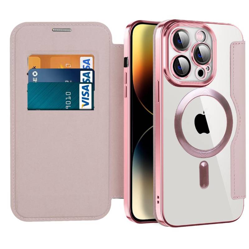 Echtes Leder Flip Wallet Cases für Magsafe Magnethülle für iPhone 14 11 12 13 Pro Max Plus Kabelloses Laden Überzug Klare Abdeckung For iPhone 13 Pro rosa von Joom DACH