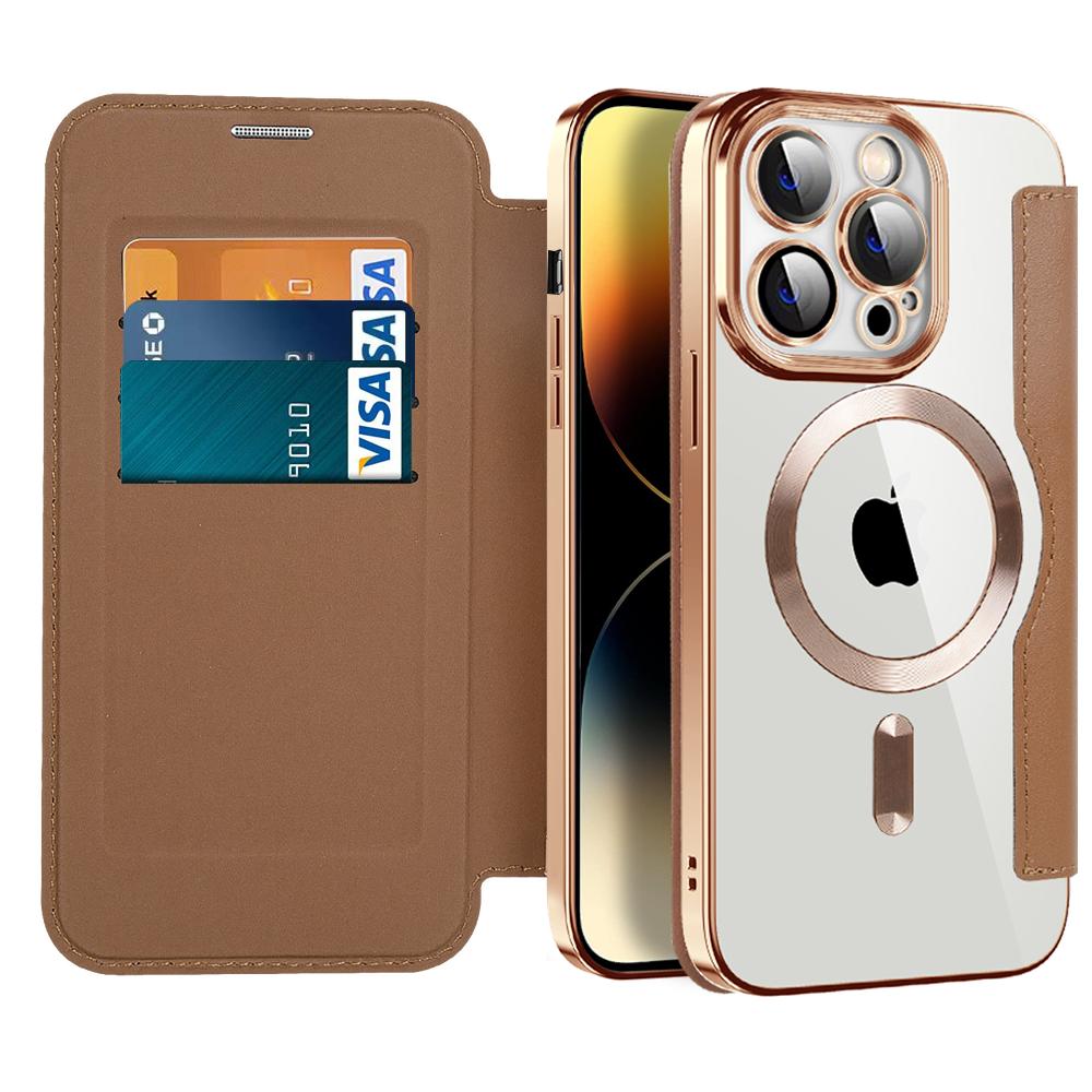 Echtes Leder Flip Wallet Cases für Magsafe Magnethülle für iPhone 14 11 12 13 Pro Max Plus Kabelloses Laden Überzug Klare Abdeckung For iPhone 14Pro Max braun von Joom DACH