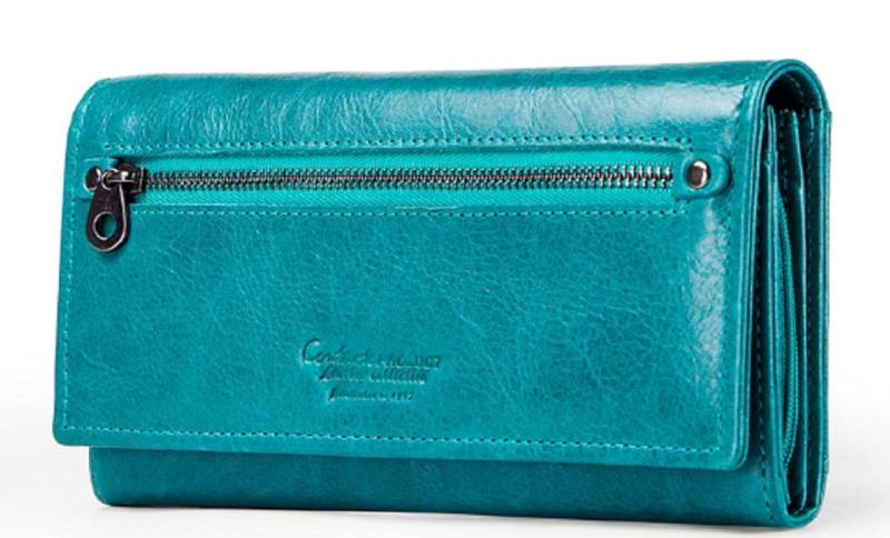 Echtes Leder Geldbörse RFID und Slim Reißverschluss Clutch Geldbörse Petrolblau [CONTACTS] Damen Multifunktions Bi-Fold von Joom DACH
