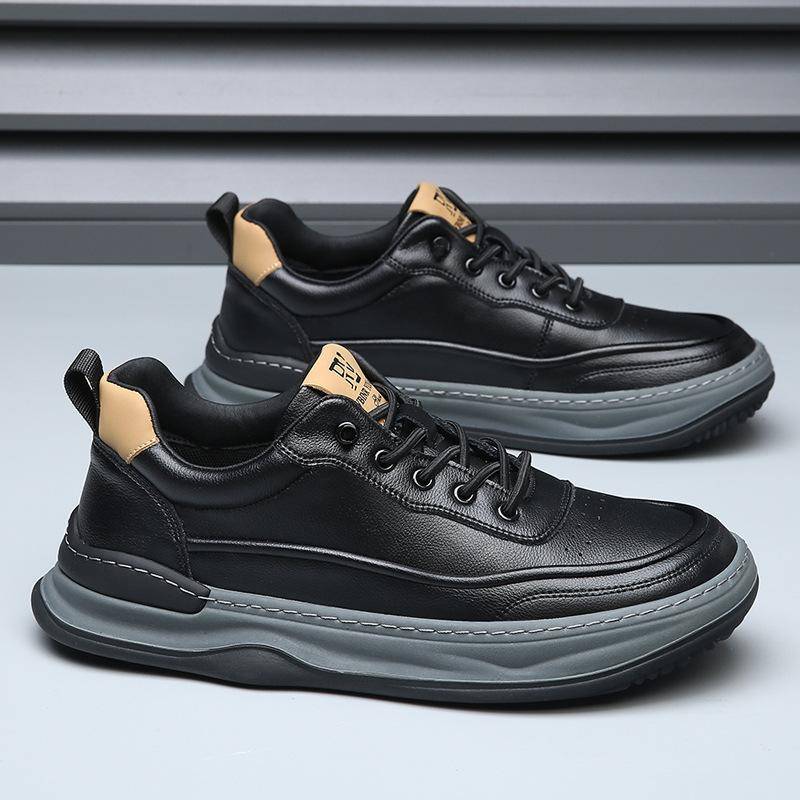 Echtes Leder Herrenschuhe Vielseitig Frühling Herbst Trendige Herren Dicksohlige Atmungsaktive Lederschuhe Herren Casual Board Schuhe 43 schwarz von Joom DACH