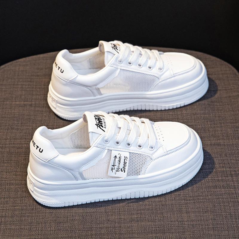 Echtes Leder Kleine Weiße Schuhe Damen Frühjahr und Sommer Neue Dicke Unterseite Hit Farbe Runde Zehe Casual Sport Mesh Atmungsaktiv Hohl Turnschuhe 40 von Joom DACH