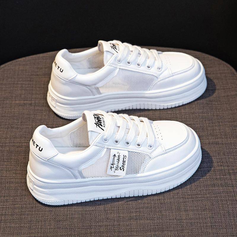 Echtes Leder Kleine Weiße Schuhe Damen Frühjahr und Sommer Neue Dicke Unterseite Hit Farbe Runde Zehe Casual Sport Mesh Atmungsaktiv Hohl Turnschuhe 40 von Joom DACH