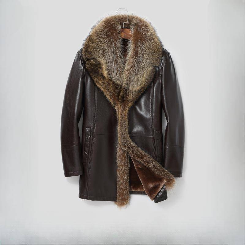 Echtes Leder Lederjacke Herren Mittellanger Anzugkragen Pelz Eine Lederjacke Herren Waschbär Pelzkragen Mantel XXXXXL braun von Joom DACH
