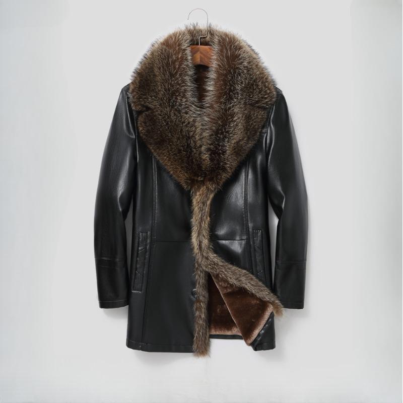 Echtes Leder Lederjacke Herren Mittellanger Anzugkragen Pelz Eine Lederjacke Herren Waschbär Pelzkragen Mantel XXXXXL schwarz von Joom DACH