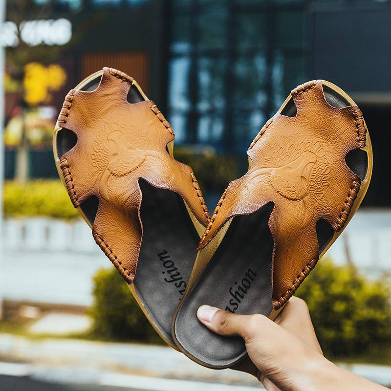 Echtes Leder Männer Strand Hausschuhe Plus größe Hause Sandalen Sommer Strand Sandalen Outdoor Casual Walking Strand Flip-Flops Männer Schuhe 43 braun/gelb von Joom DACH