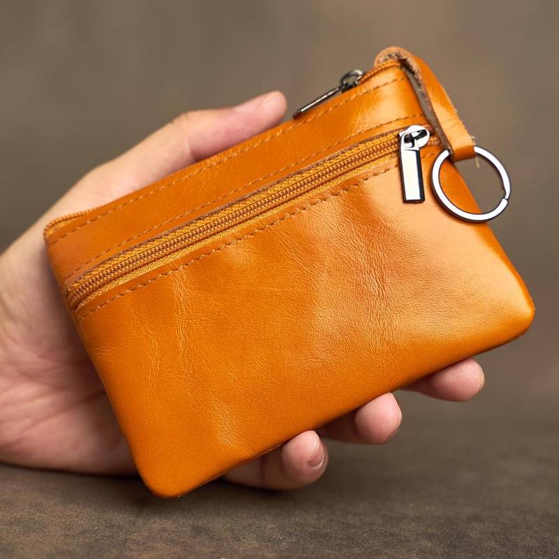 Echtes Leder Mini Geldbörse Kopf Schicht Rindsleder Karte Tasche Handgemachte Reißverschluss Brieftasche Auto Schlüssel Fall Kurze Dame Brieftasche Schlüssel fall Big size braun von Joom DACH