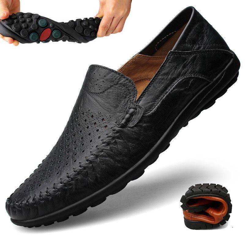 Echtes Leder Mokassins Männer weiche Unterseite Sommer atmungsaktive Hohl Loafer British Business Casual Lederschuhe Hand nähen 43 schwarz von Joom DACH
