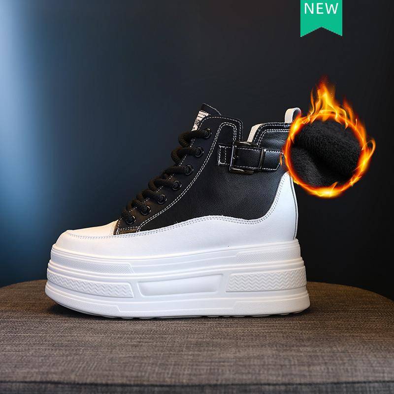 Echtes Leder PU Frühling Herbst Stiefeletten Damen Plateau Gepolsterter Keil Hohe Klobige Sneaker Modeschuhe 8CM Absatz 35 von Joom DACH