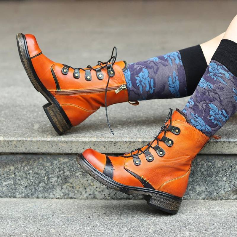 Echtes Leder Retro Schuhe Frauen Stiefel Zip Runde Kappe Mischfarben Nähen 41 orange von Joom DACH