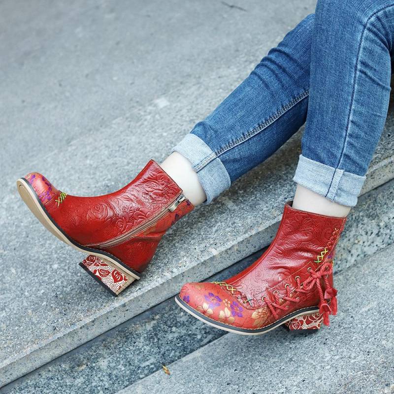 Echtes Leder Retro Schuhe Frauen Stiefel Zip Runde Kappe Mischfarben Nähen 39 rot von Joom DACH