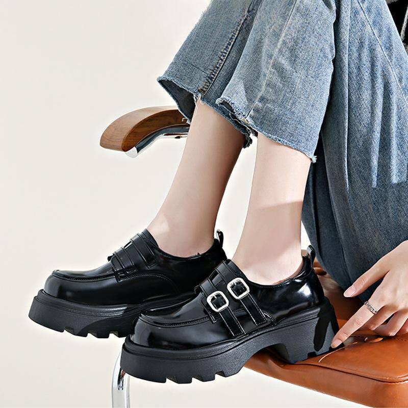 Echtes Leder Schwarz Kleine Lederschuhe Damen Frühling Neu Preppy-Stil Japanische Dünne Schuhe Damen Muffin-Plateau Slipper 40 von Joom DACH