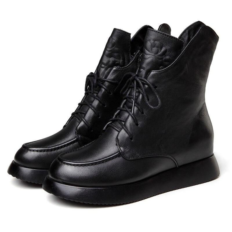 Echtes Leder Winterstiefel Damenschuhe Reißverschluss Runde Zehe Höhenvergrößernd Freizeit Nähen Plateau-Stiefel 35 schwarz von Joom DACH