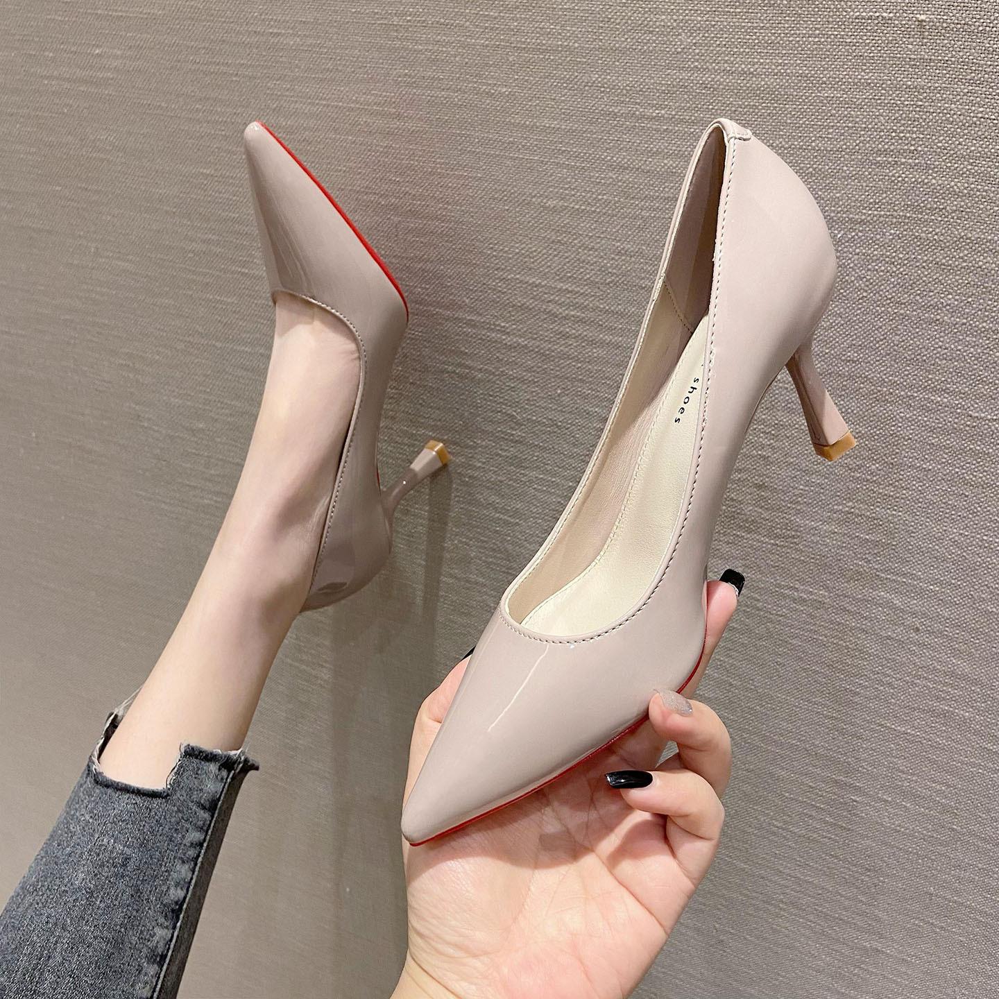 Echtes Leder hochhackige Schuhe Damen Sommer Lackleder Pendler Temperament spitze Zehen Damenschuhe professionelle Stiletto-Schuhe 34 von Joom DACH