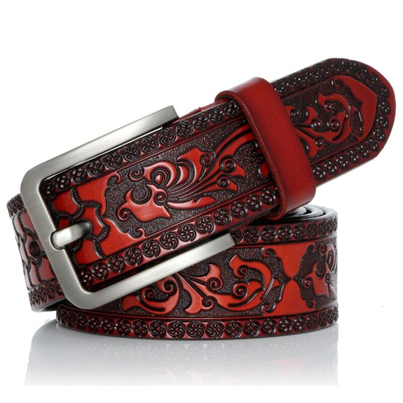 Echtes Ledergürtel für Männer Designergürtel Männlicher Druck Vintage Dornschließe Luxusarmband Neue Mode Hohe Qualität 125cm weinrot/rot von Joom DACH