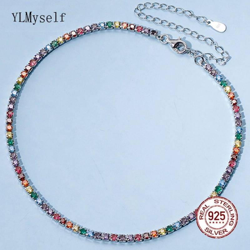 Echtes Silber Regenbogen Choker 27 + 10 cm Tenniskette Fassung Voll 2,5 mm Mehrfarbiger Zirkon Süße Halskette Edler Schmuck für Mädchen von Joom DACH