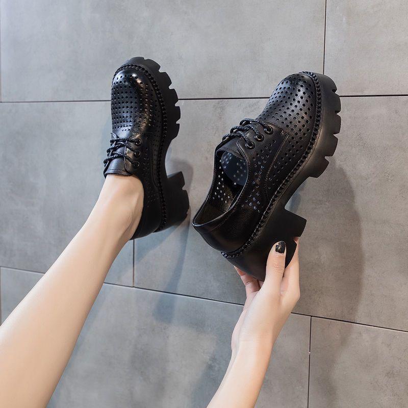 Echtes weiches Leder Schnürloch Klobiger Absatz Muffin-Sandalen Frühling/Sommer Neue High Heels Rutschfeste Plateau-Schuhe Damen 40 schwarz von Joom DACH