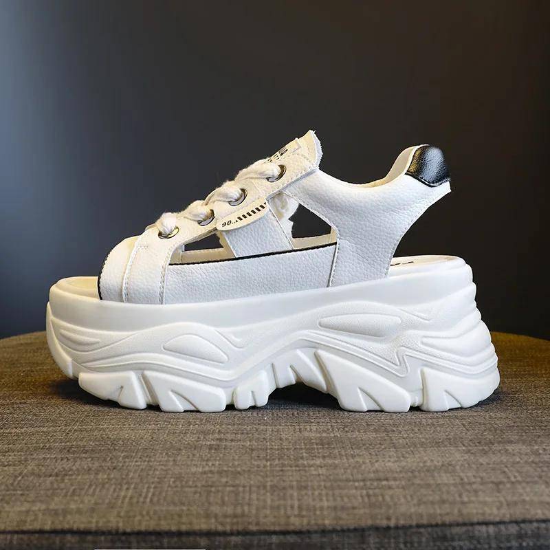 Echtleder Damen Sandalen Weicher Retro-Stil Fischmaulschuhe Ausgehöhlt Dicke Sohle 8cm Hohe Sandalen Schnürschuhe Damenschuhe 36 beige von Joom DACH