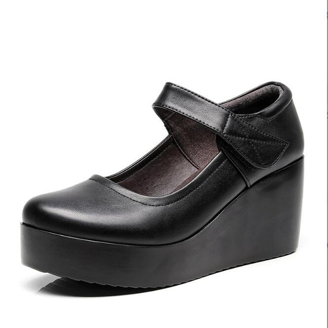 Echtleder Damen Schuhe Lässige Keilschuhe Runde Spitze Flacher Ausschnitt Komfort Damen Schuhe Damen Plateau High Heel Schuhe 33-43 36 von Joom DACH