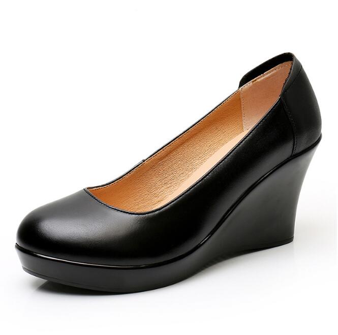 Echtleder Damen Schuhe Lässige Keilschuhe Runde Spitze Flacher Ausschnitt Komfort Damen Schuhe Damen Plateau High Heel Schuhe 33-43 37 von Joom DACH