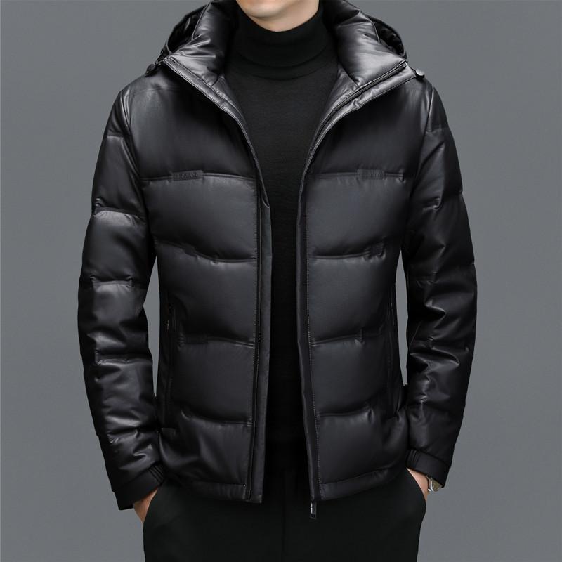 Echtleder Daunenjacke Herren Lederjacke Mittleren Alters Herren Locker Lässig Lederjacke Kapuzen Dicke Daunenjacke Jacke 3XL von Joom DACH