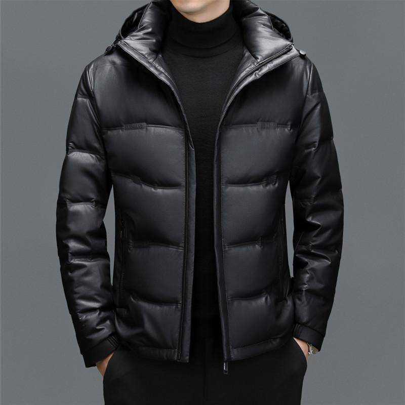 Echtleder Daunenjacke Herren Lederjacke Mittleren Alters Herren Locker Lässig Lederjacke Kapuzen Dicke Daunenjacke Jacke 3XL von Joom DACH