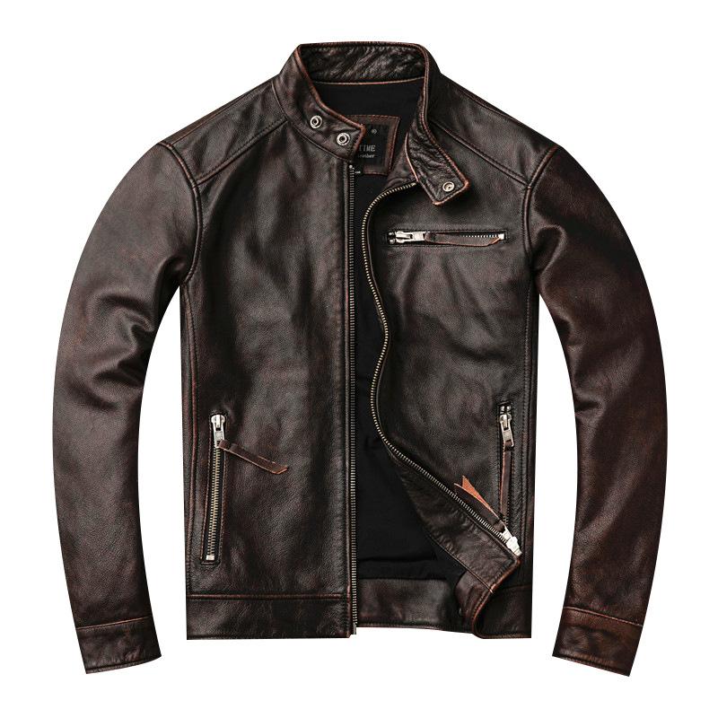 Echtlederjacke für Herren, First-Layer-Rindsleder, Retro-Distressed-Stehkragen-Motorrad-Lederjacke, modische Jacke XL von Joom DACH