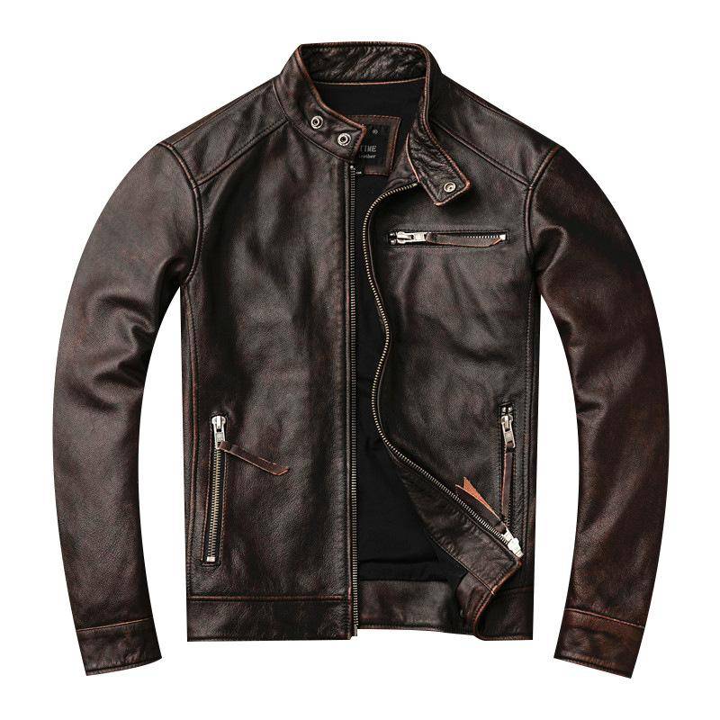 Echtlederjacke für Herren, First-Layer-Rindsleder, Retro-Distressed-Stehkragen-Motorrad-Lederjacke, modische Jacke XL von Joom DACH