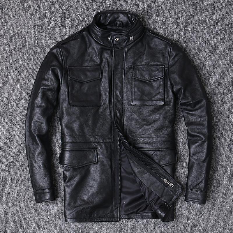 Echtlederjacke für Herren, Jacke aus Rindsleder der ersten Schicht, Lederwindjacke, mittellanger Motorradledermantel 5XL schwarz von Joom DACH