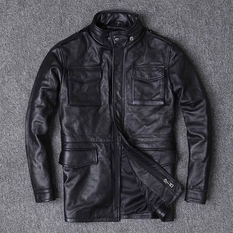 Echtlederjacke für Herren, Jacke aus Rindsleder der ersten Schicht, Lederwindjacke, mittellanger Motorradledermantel 5XL schwarz von Joom DACH