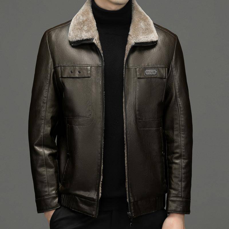 Echtlederjacke für Herren, Lederjacke für Väter mittleren Alters, lässige All-in-One-Jacke aus Samt und Schaffell für Herren XL von Joom DACH