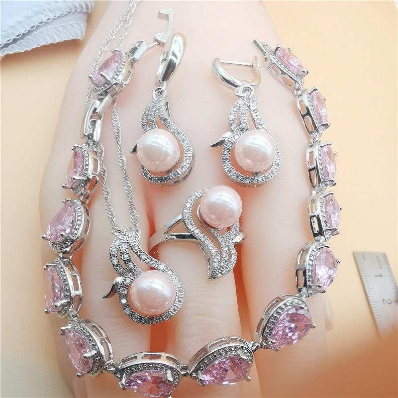 Echtschmucksets mit Naturperlen 925er Silber Brautohrringe Armbänder Ringe Anhänger Hochzeitsketten-Set Zirkonia-Schmuck für Damen Ring size 7 rosa von Joom DACH