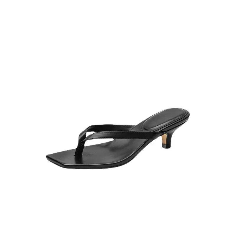Eckige Zehen-Clip-Sandalen für Damen Sommer neu hochhackige Flip-Flops große Größe schlanker Absatz Damen Outdoor Leder-Slipper 42 schwarz von Joom DACH
