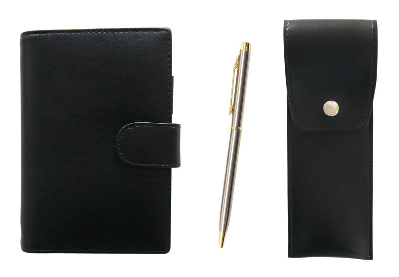 Eco B7 Mini-Notizbuch aus Rindsleder und Stiftetui mit rundem Knopf, schwarz, 902 Edelstahl-Drehkugelschreiber-Set LS002B-BRSB-902 silber von Joom DACH