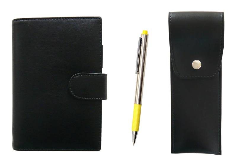 Eco B7 Mini-System-Notizbuch aus Rindsleder und Stiftetui mit rundem Knopf, Schwarz, FB325, Aluminium-Kugelschreiberset mit geradem Druckknopf, Gelb, LS002B-BRSB-FB325-Y gelb von Joom DACH