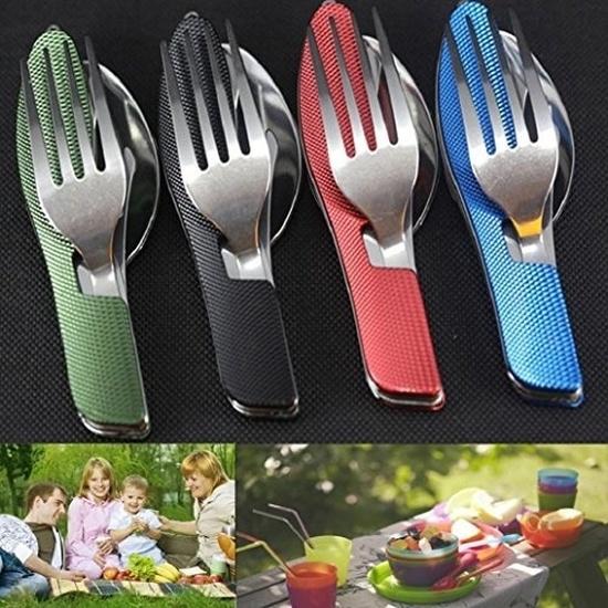 Edelstahl 4 in 1 Tragbare Outdoor Tasche Messer Gabel Löffel Diner Set Multifunktions Geschirr f grün von Joom DACH