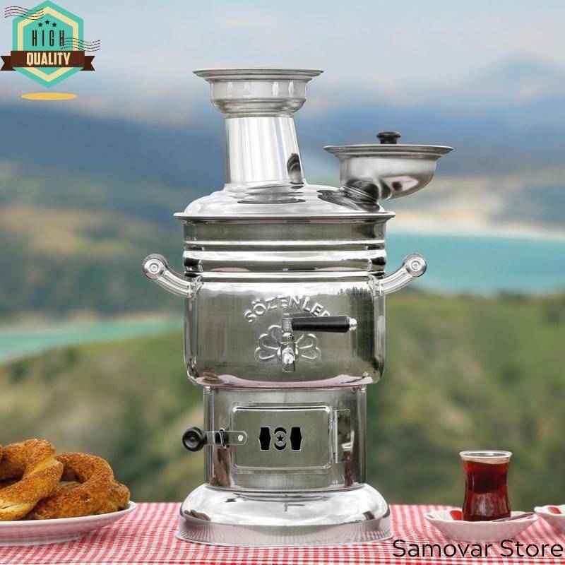 Edelstahl Chrom Samowar Wasserkocher 4 Liter Teesets Teekanne Camping Samowar Holzofen Outdoor Geschirr für Camping Picknick von Joom DACH