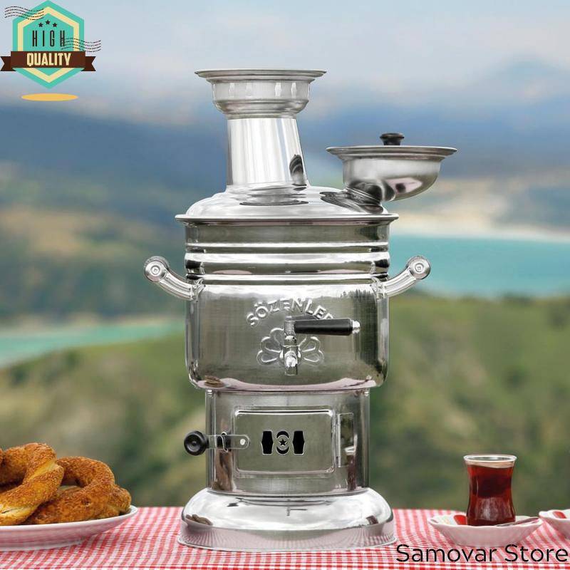 Edelstahl Chrom Samowar Wasserkocher 4 Liter Teesets Teekanne Camping Samowar Holzofen Outdoor Geschirr für Camping Picknick von Joom DACH