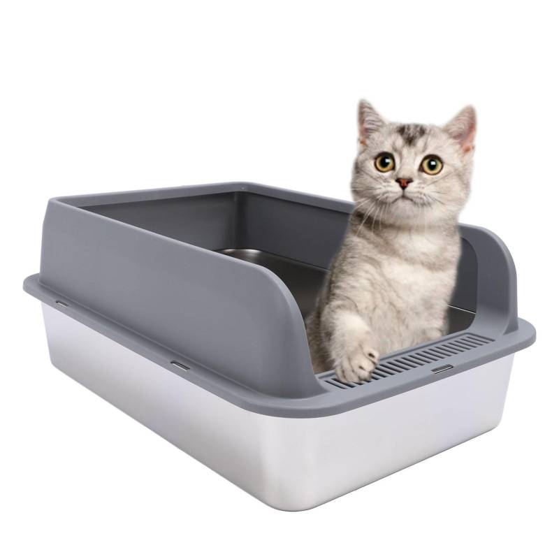 Edelstahl Katzentoilette Anti Spritzer Geruchlos Leicht zu Reinigen Hohe Seiten Halb Geschlossene Katze Extra Large dunkelgraue von Joom DACH