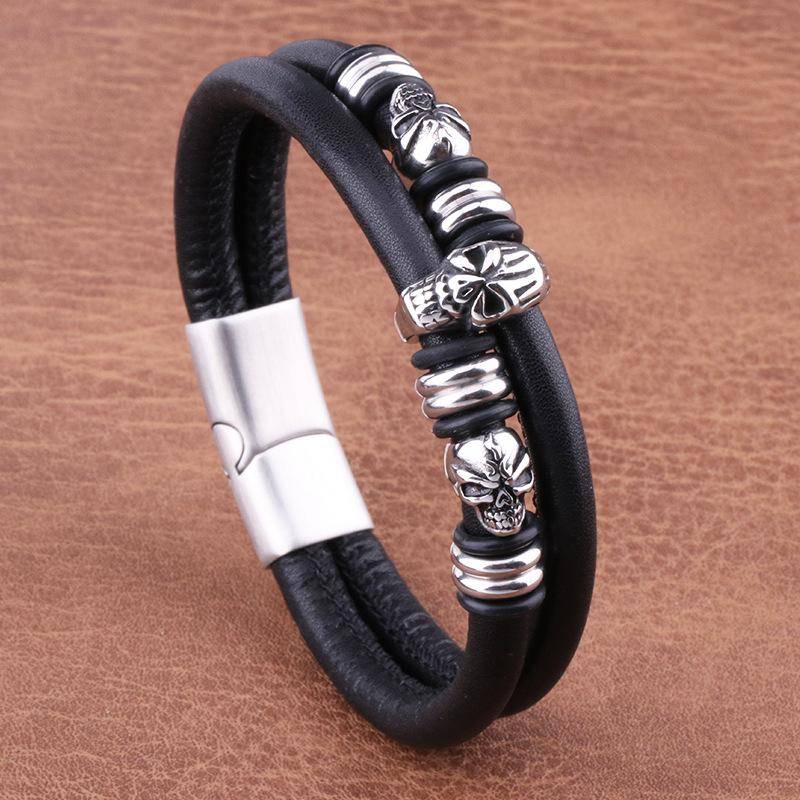 Edelstahl-Lederarmband für Herren, Schmuck, Armbänder, Geschenk für Jungen 19cm schwarz von Joom DACH