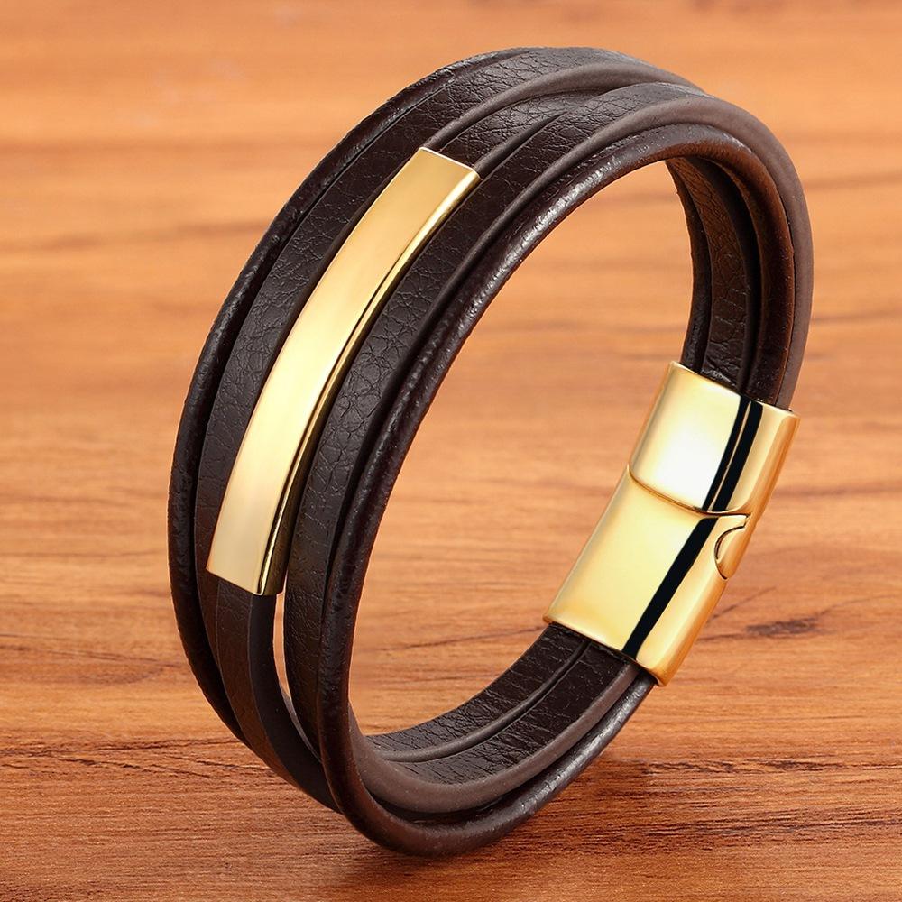 Edelstahl-Lederarmband für Herren, Schmuck, Armbänder, Geschenk für Jungen 21cm braun von Joom DACH
