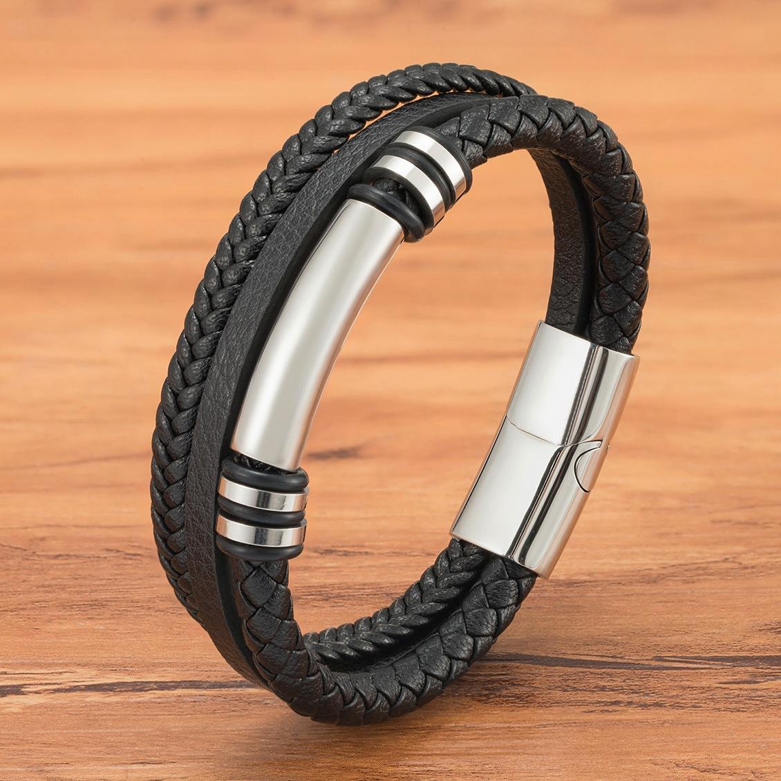 Edelstahl-Lederarmband für Herren, Schmuck, Armbänder, Geschenk für Jungen 22cm silber von Joom DACH