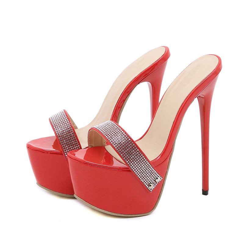 Eilyken Neue Mode Kristall Strass Frauen Plattform Hausschuhe Sommer Offene spitze Stiletto Heels Sandalen Damen Schuhe Sliders 42 rot von Joom DACH