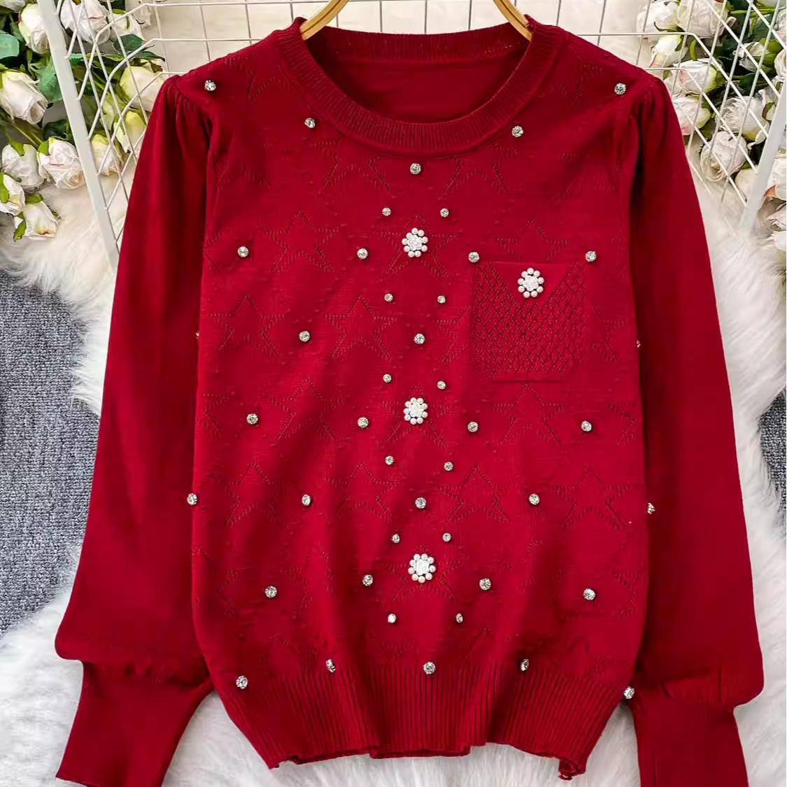 Ein lockerer und figurschmeichelnder Strickpullover für Damen im Herbst und Winter, mit einem hochwertigen, ausgefallenen, perlen- und diamantbesetzten Oberteil One size rot von Joom DACH