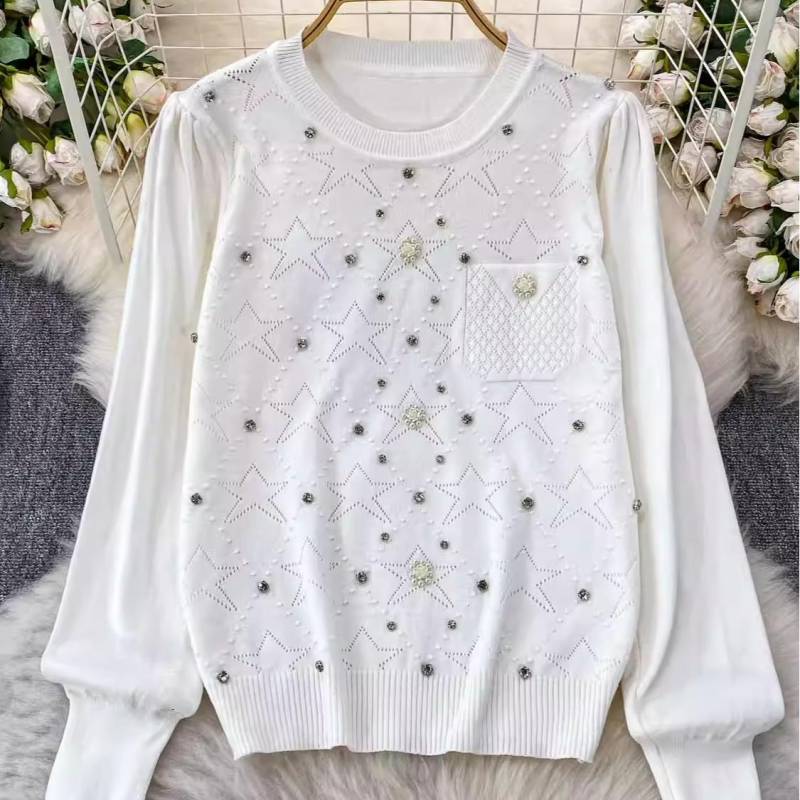 Ein lockerer und figurschmeichelnder Strickpullover für Damen im Herbst und Winter, mit einem hochwertigen, ausgefallenen, perlen- und diamantbesetzten Oberteil One size weiß von Joom DACH