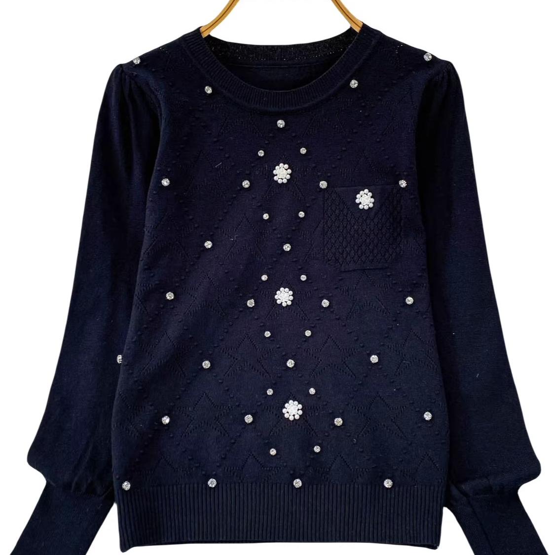 Ein lockerer und figurschmeichelnder Strickpullover für Damen im Herbst und Winter, mit einem hochwertigen, ausgefallenen, perlen- und diamantbesetzten Oberteil One size schwarz von Joom DACH