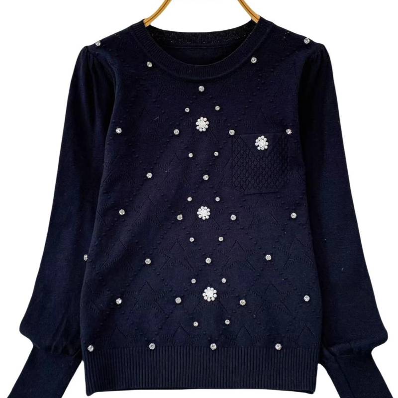 Ein lockerer und figurschmeichelnder Strickpullover für Damen im Herbst und Winter, mit einem hochwertigen, ausgefallenen, perlen- und diamantbesetzten Oberteil One size schwarz von Joom DACH