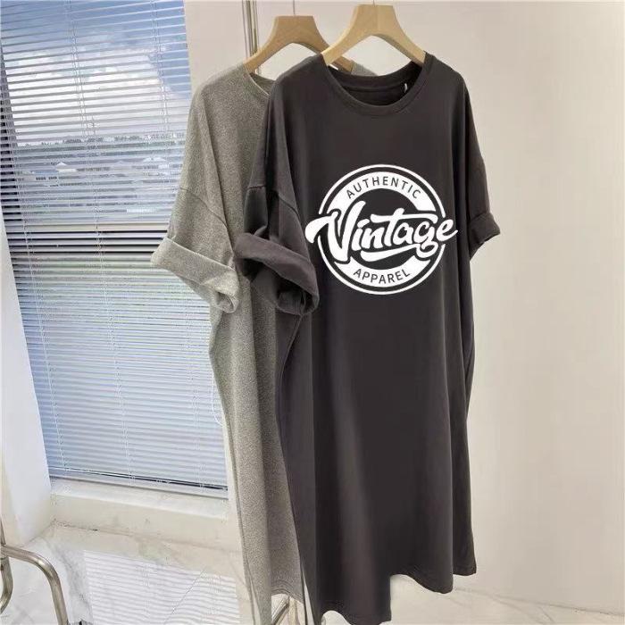 Ein lockeres, groß geschnittenes Kurzarm-T-Shirt-Kleid, ein langes Sommerkleid, das bis zu den Knien reicht, den Bauch bedeckt und mit einem Sli schlanker macht. 2XL dunkelgraue von Joom DACH